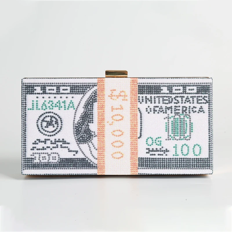 

Money Clutch Rhinestone Purse 10000 Dollars Stack of Cash Evening Handbags Shoulder Wedding Dinner Bag 8 Color