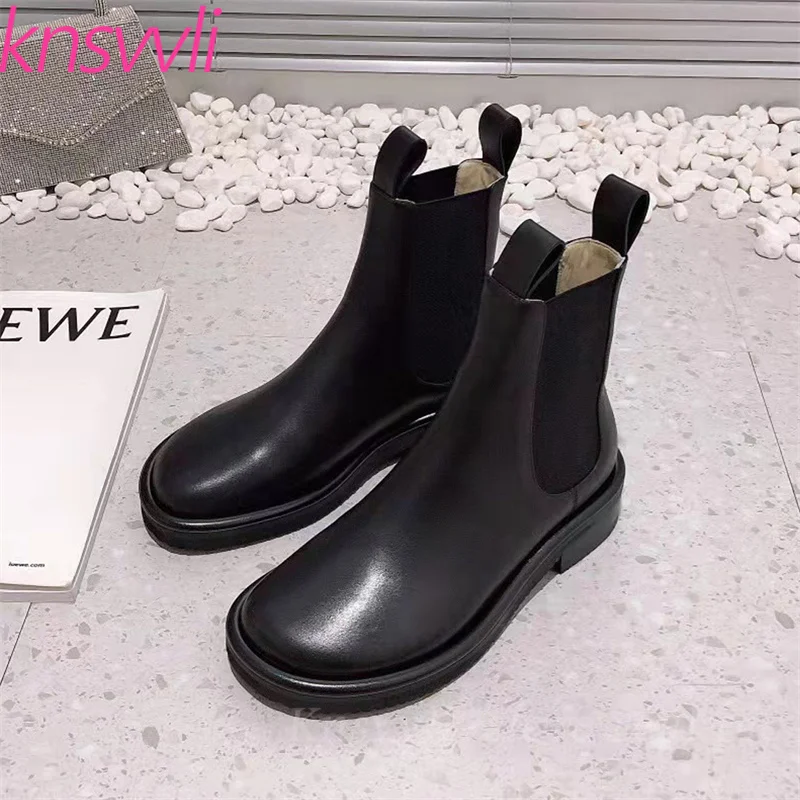 Осенние Новые короткие ботинки женские из натуральной кожи на плоской подошве