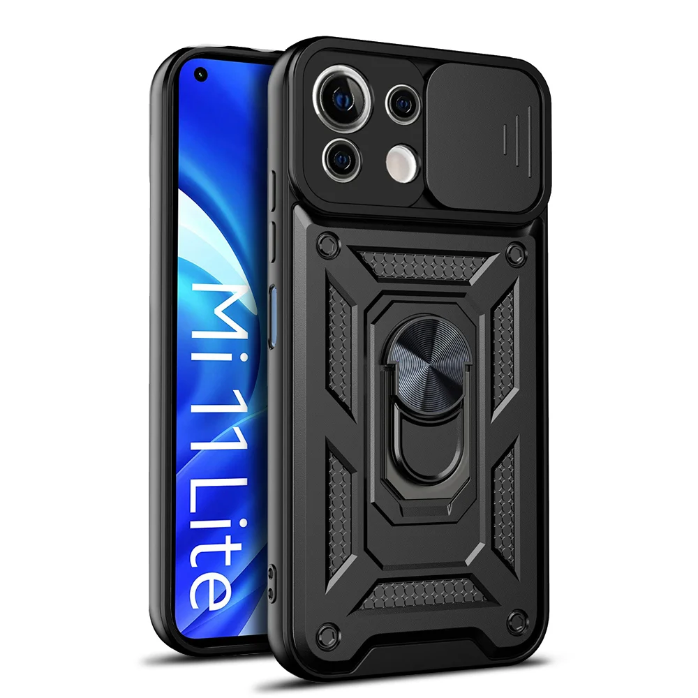 

Shockproof Case for Xiaomi Mi 11 Lite 5G Ring Stand Push Pull Camera Protection Phone Cover for Xiaomi Mi 11i 11X Pro