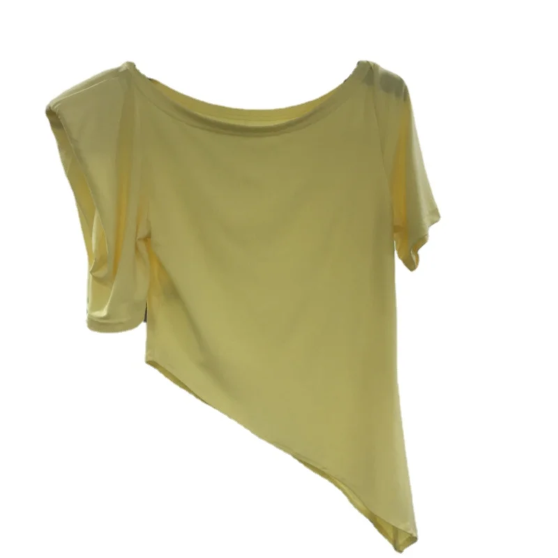 

T-Shirt for Women 2021 Summer New Irregular Hem Short Sleeve Tshirt Slim Fit Round Neck Bottoming Shirts Pullover Top Lady