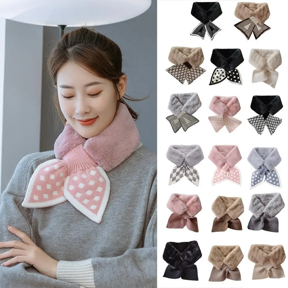 

Fashion Fake Rabbit Fur Collar Scarf Women Keep Warm Polka Dot PatternThickening Fur Colorful Cross Winter Scarf Autumn Winter