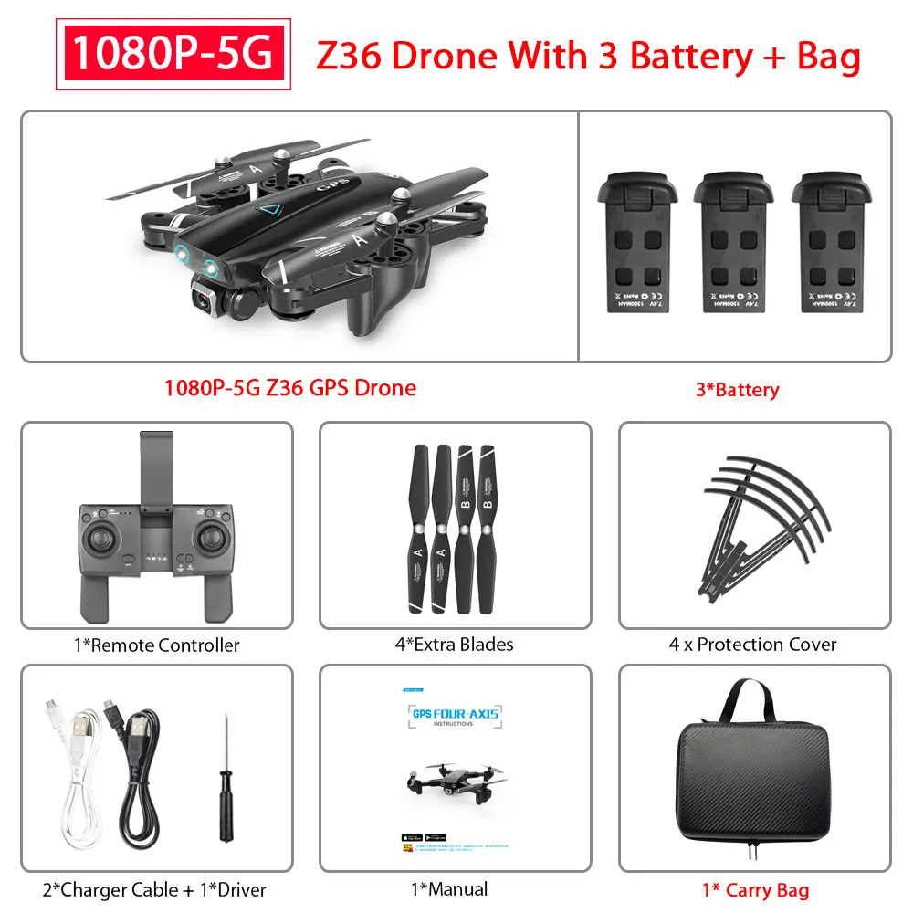 ZWN Z36 gps Квадрокоптер с 720 P/1080 P/4 K HD камерой Rc вертолет gps с фиксированной точкой wifi FPV Дрон следуй за мной режим vs SG900-S E520S - Цвет: 1080P-5G 3B Bag