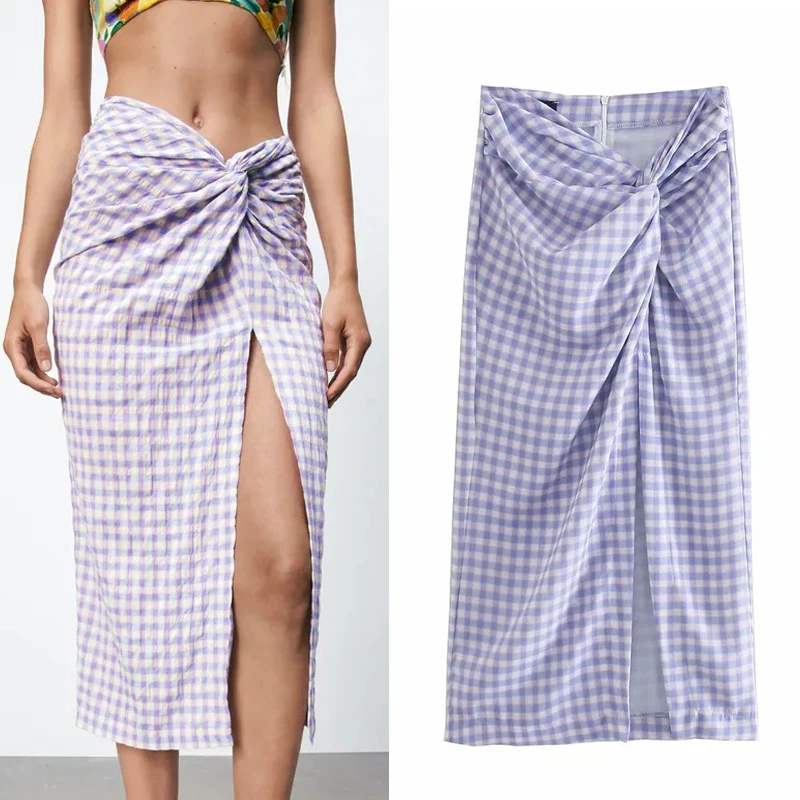 

Женская юбка с завышенной талией TRAF Za, фиолетовая длинная юбка миди в клетку, с оборками и разрезом, Винтажная летняя, 2021