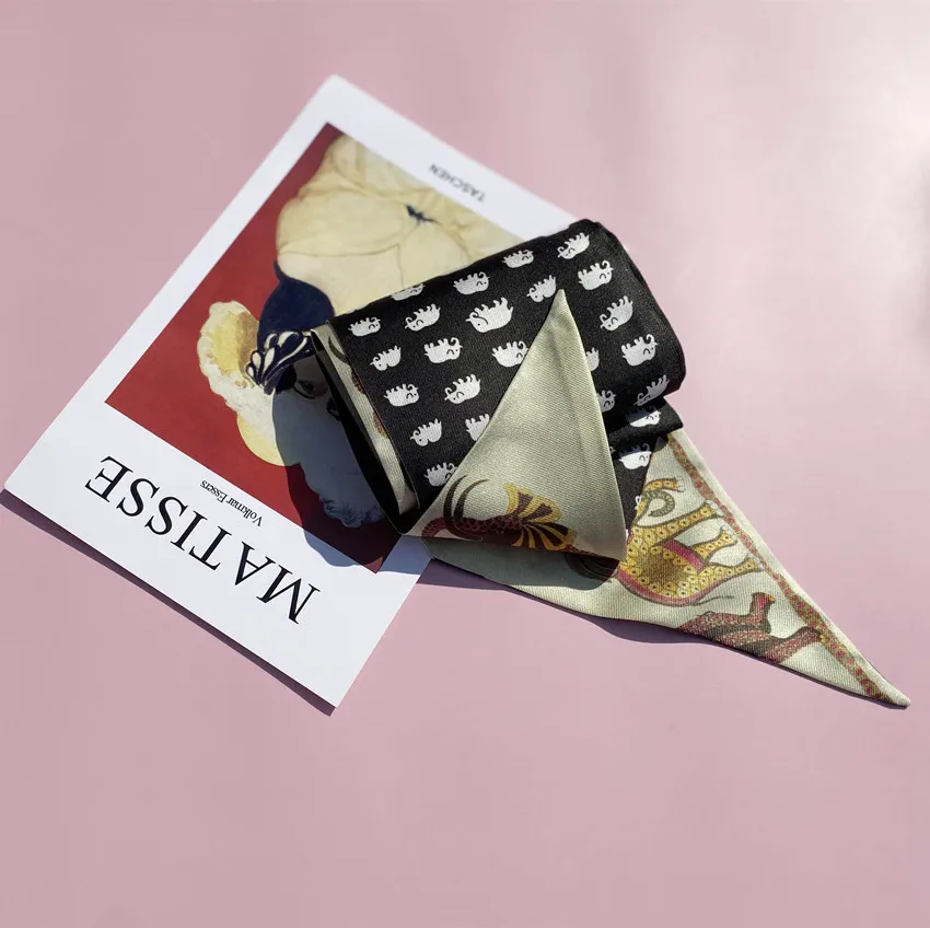 

8*128cm Silk Double-layer Silk Scarf, Ladies Print Headband, Small Streamer, Mulberry Silk Wild Tie Bag, Long Scarf