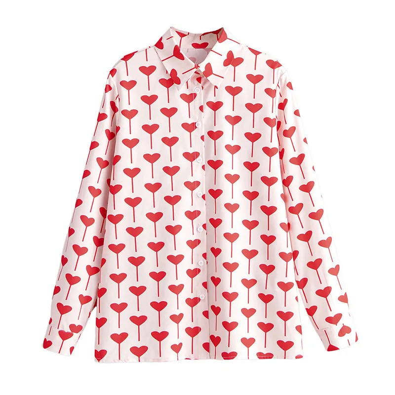 

Женская стильная блузка с милым принтом Love, свободная рубашка с длинным рукавом и отложным воротником, женские повседневные милые модные то...