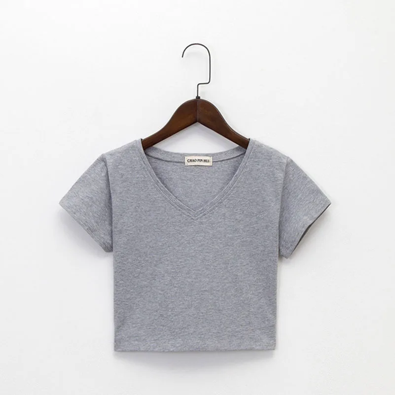 

Cotton V Neck Solid Color Female T Shirt Casual Top High Waist Tee Slim Basic Crop Top Summer Streetwear White Women Tshirt