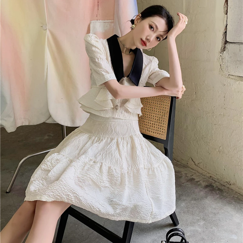 

Kimotimo Women Two Piece Set French Style Elegant Tender Puff Sleeve Design Tops + Relief A-Line Skirts Summer New Matching Sets