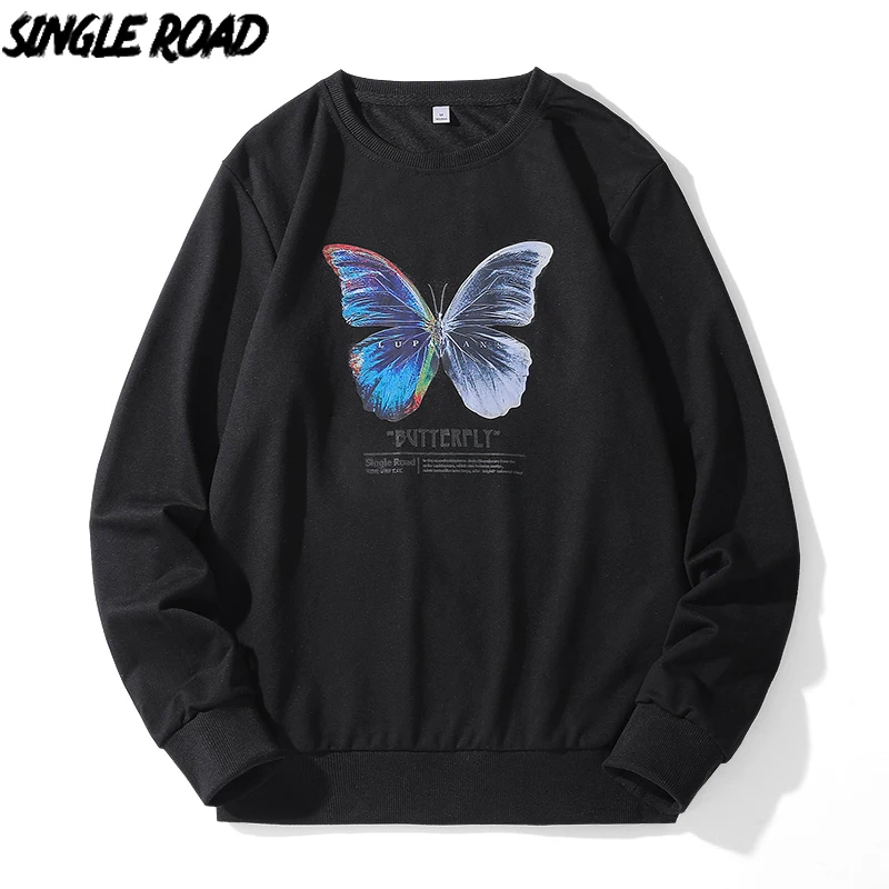 

SingleRoad Crewneck Sweatshirt Men 2021 Spring Butterfly Print Japanese Streetwear Oversized Harajuku Hoodie Men Sweatshirts