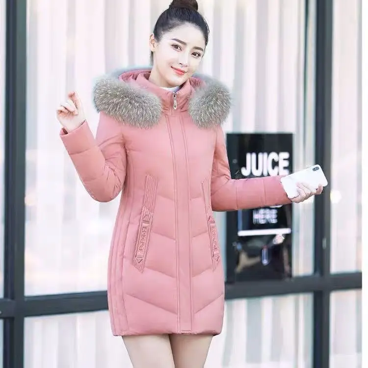 

2021 Winter Woman Fur Hooded Long Sleeve Thick Coats Female Zipper Solid Color Warm Jackets Parkas Casual Cotton Puffer Coat N17