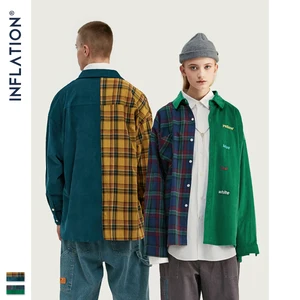 Бренд INFLATION, мужская рубашка в клетку большого размера, 2019 FW, уличная одежда, Лоскутная Вышивка, мужская рубашка в стиле хип-хоп, Хлопковая мужская рубашка, топы 92102W
