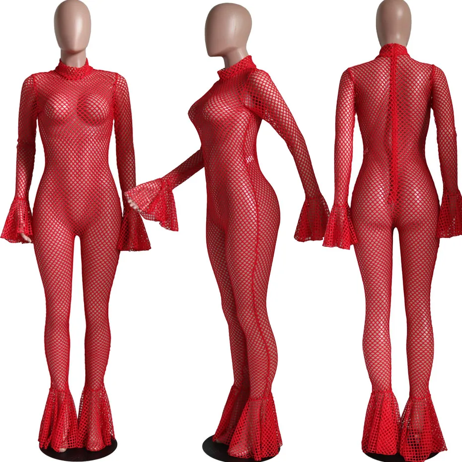 HAOYUAN Sexy Fishnet Sheer Rompers Womens Jumpsuit Long Sleeve Bodycon Overalls Festival Clothing Fall Club One Piece Jumpsuit
