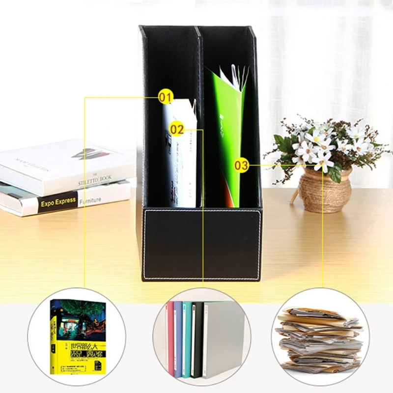 

2 Slots PU File Holder Magazine Rack Newspapers Organizer A4 Paper Storage Tray H9EB