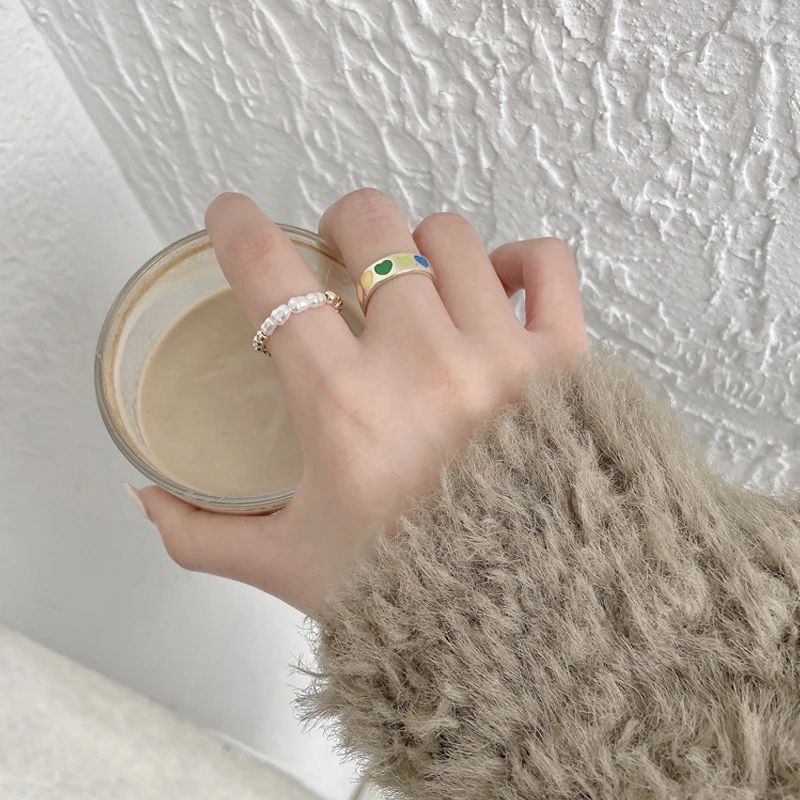 

Vintage Colorful Heart Open Ring Simple Gold Silver Color Enamel Finger Jewelry Simulated Pearl Adjustable Rings For Women