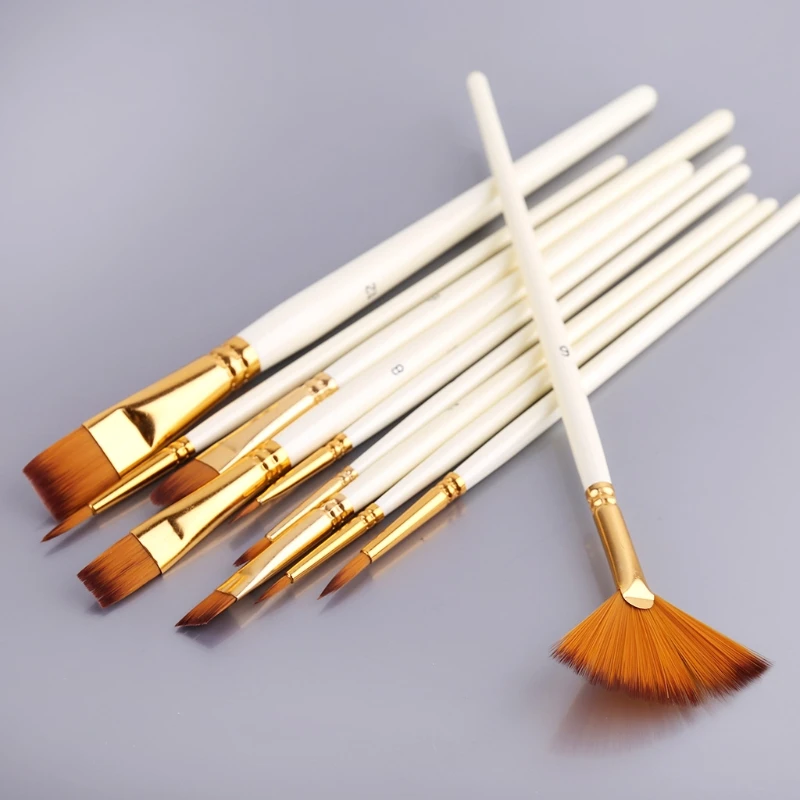 

10pcs Nylon Hair Wooden Handle Watercolor Paint Brush Pen Oil Acrylic Painting