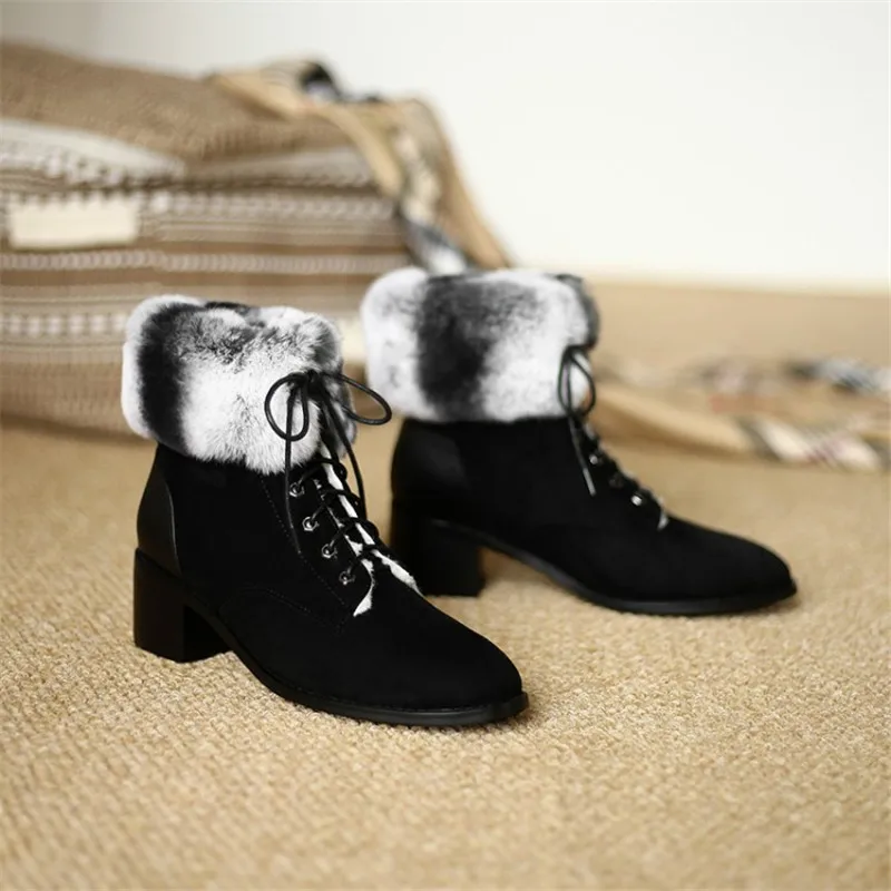 spesifikasi Sepatu Bot Wanita Musim Dingin Dengan Ujung Bundar Nubuck Sepatu Bot Tumit Chunky Berenda Kulit Sepatu Bot Bulu Kelinci Hangat Dan Modis Item No.8216