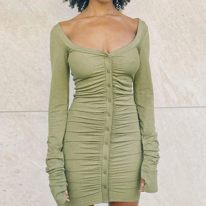 

Women Big U Neck Single Breasted Mini Dresses Autumn Ruched Solid Women's Shirt Dress 2021 Fall Green Casual Party Dresses