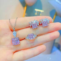 high quality silver color wedding jewelry set romantic square pink imitated diamond pendant necklace ring earrings women gift