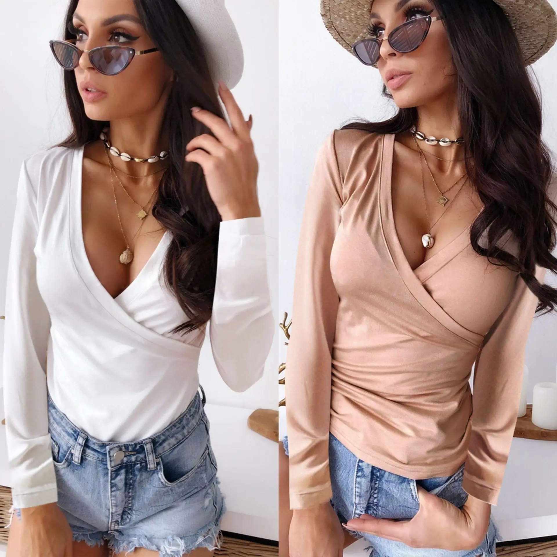 Женские топы и рубашки сексуальные низкие однотонные белые бежевые женские
