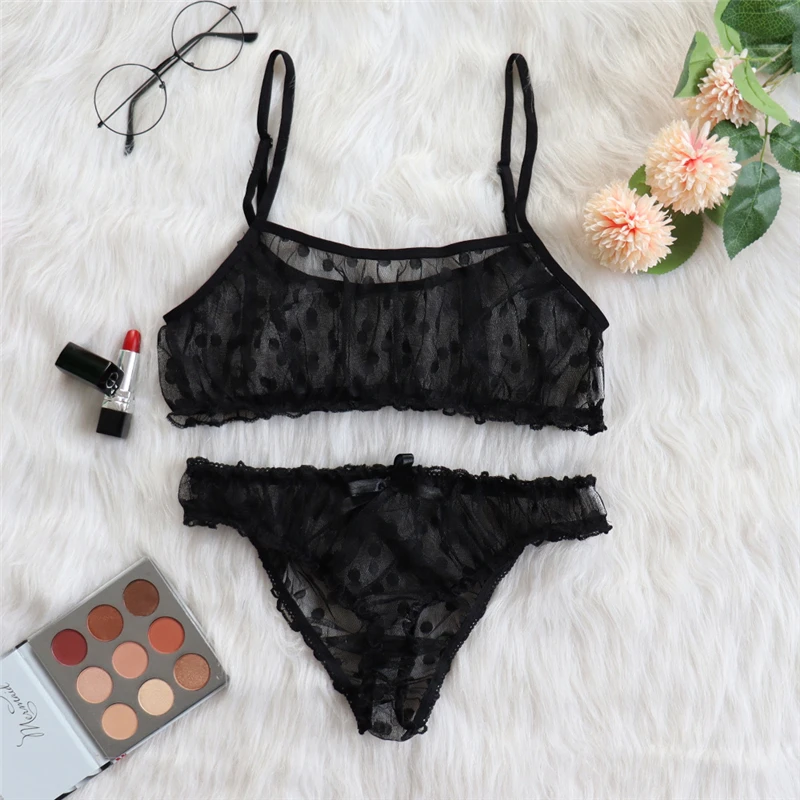 

Women's Sexy Lingerie Set Lady See-through Solid Color Polka Dot Sling Top Perspective Mesh Underpants Sexy Lingerie Nightwear