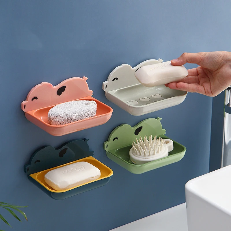 

Creative Soap Draining Rack Pig Cartoon Wall Mounted Soap Holder Box Case Bathroom Supplies Self Adhesive