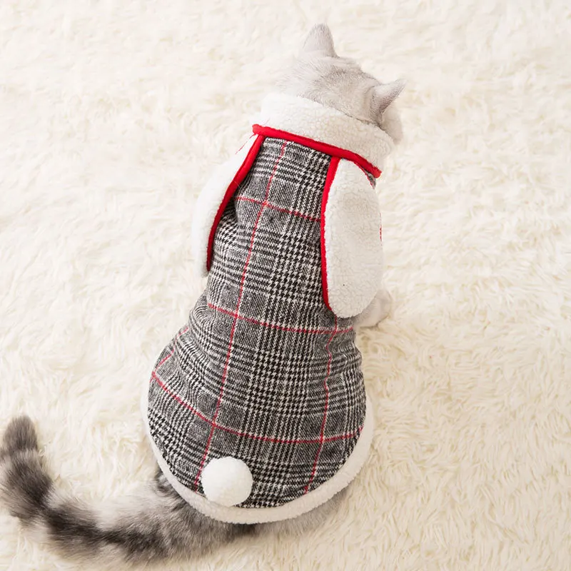 

Cat Clothes Rabbit Ears Plaid Cotton Blue Cat British Short Hairless Cat Autumn and Winter Thickening Warm Dog Pet Clothing