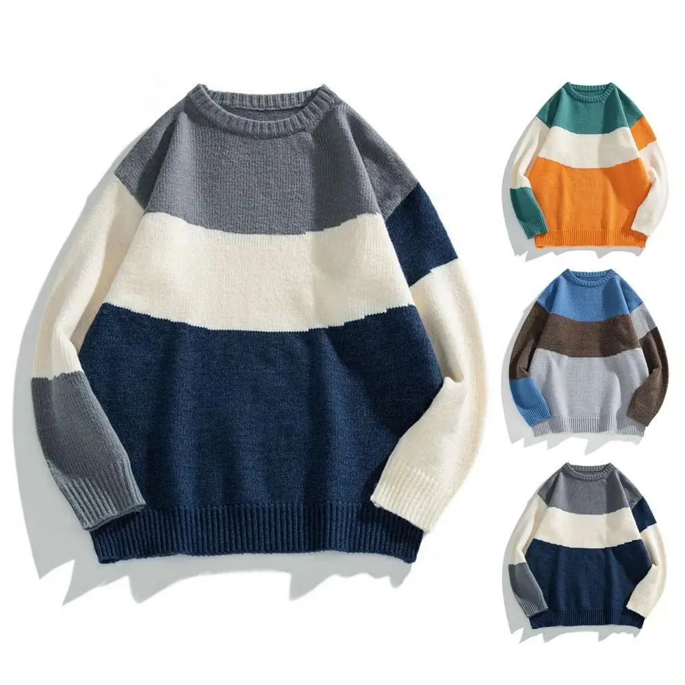 

Men Sweater Contrast Colors Patchwork Knit Round Neck Student Sweater for Daily Wear