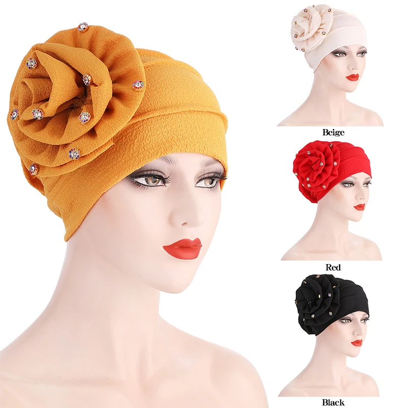 

Big Flower Islamic Chemotherapy Hat Women Turban Hat Muslim Headscarf Pile Heap Cap Women Soft Comfortable Inner Hijab Caps
