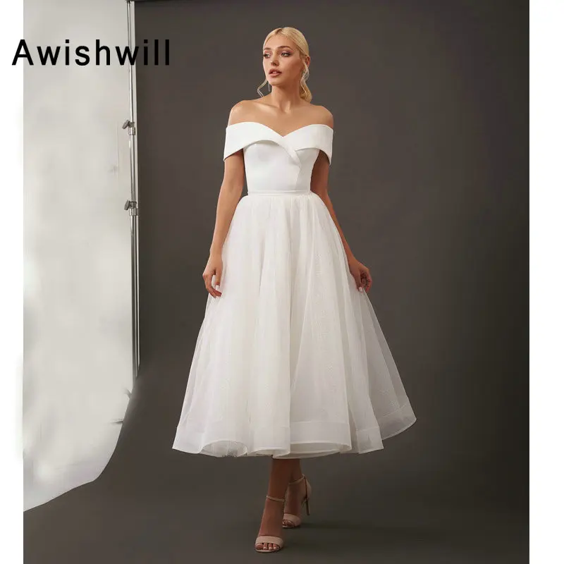 

New Cheap Off The Shoulder Wedding Dress Tea Length Satin Bodice Tulle Short Wedding Gown 50S Simple Bridal Dress