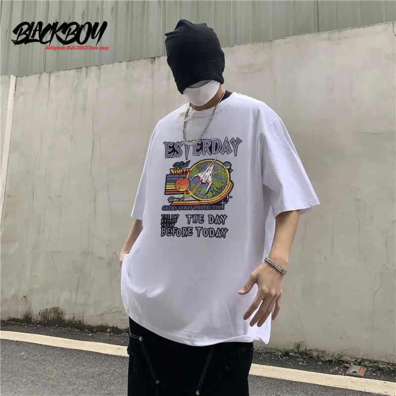 

BLACKBOY Summer New Ins Trend Short-sleeved T-shirt Men and Women Large Size Loose-fitting European and American Hiphop Students