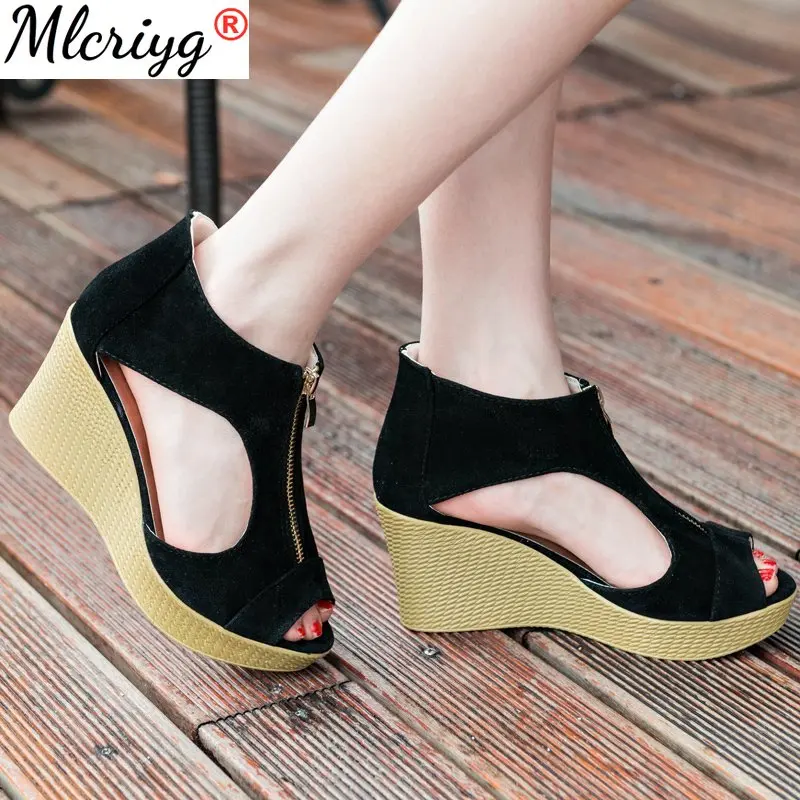 

Women Wedge Sandals 7cm High Heel Summer Slippers Women Shoes Slides Platform Wedges Vintage Sandals Zippers Sandalias Mujer
