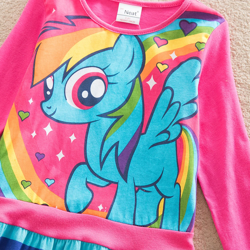 JUXINSU My Baby Girls Little Pony Cartoon Girl Rainbow Long Sleeve Dresses Pony Casual Dress Autumn Winter Home Wear 1-8 Years