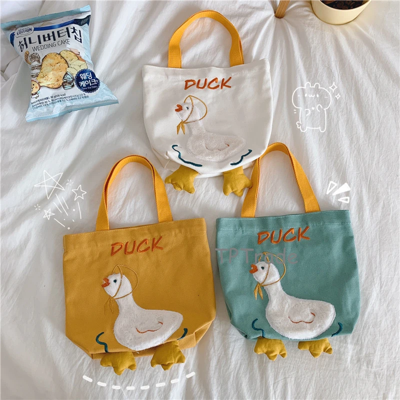 

10pcs 3D Cute Cartoon Duck Embroidered Hhand-held Canvas Bag Women Travel Toiletry Bag Storage Case Bento Bag Portable Daily