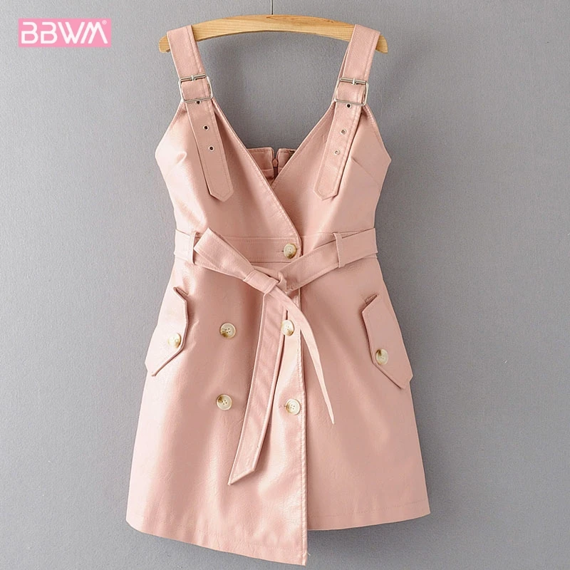 

PU Pink 2019 Autumn New Slim Harajuku Cute Women's Dresses V-neck Lace-up Strap Female Dress Black Wine Red Button Pocket Zipper