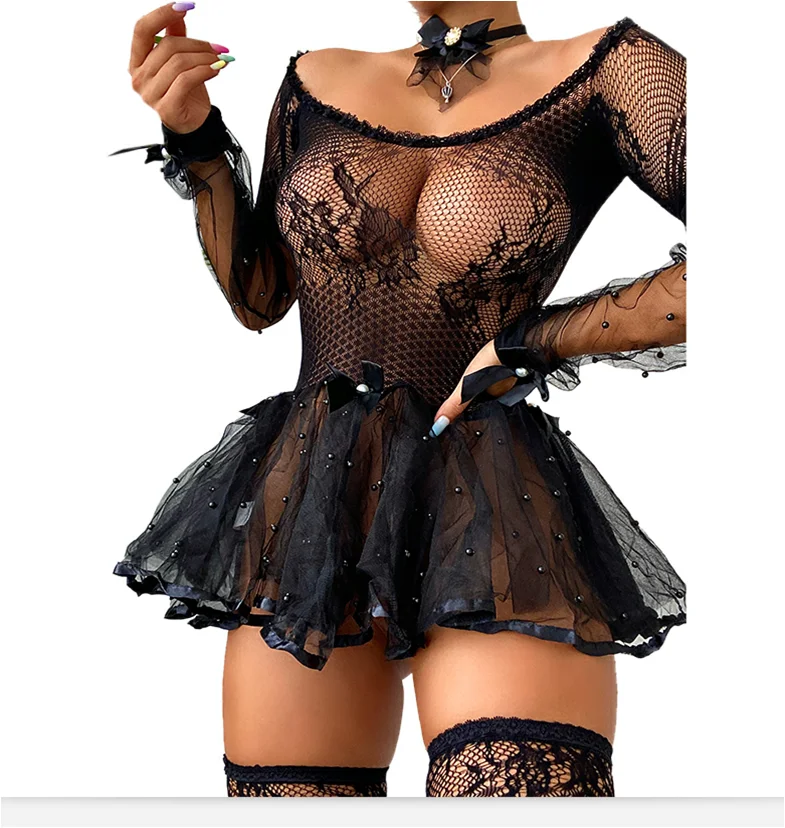 

Female Dress, Lace Floral Round Neck Long Sleeve Hollow Out 1-Piece Sexy Lingerie for Summer, Black