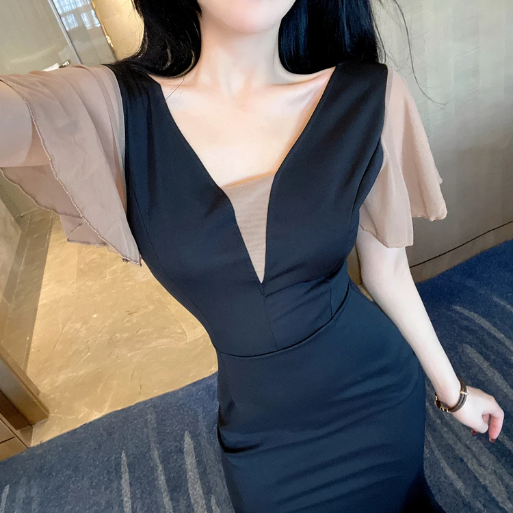 

Women Dress Summer Plus Size Sexy Fashion V-neck Sheath Mid-calf Splicing Ruffle Short Sleeve Split Design 2021