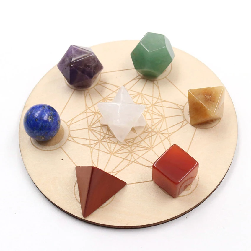7 Chakra Healing Crystals Sacred Geometry Platonic Solids + Seven Star Array Wood Plate Merkaba Star Set for Meditation
