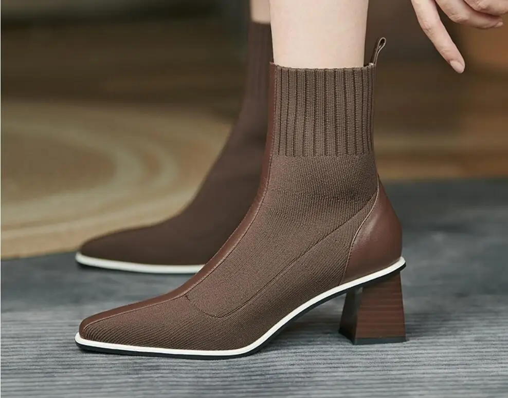 

High-heeled Ankle Boots Women 2021 Autumn Winter Retro Knitted Elastic Stockings Thick Heel Ankle Boots Pointed Thin Ankle Boots