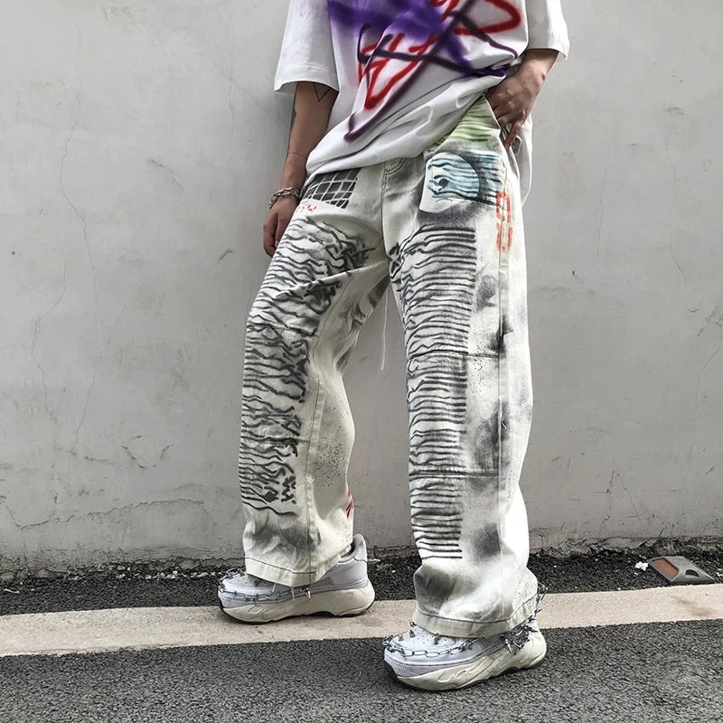 Джинсы дымчатые мужские с граффити уличная одежда брюки старого грязного цвета