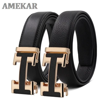 2021 belt men's new automatic buckle litchi pattern first layer leather leather pants belt business leisure Joker belt