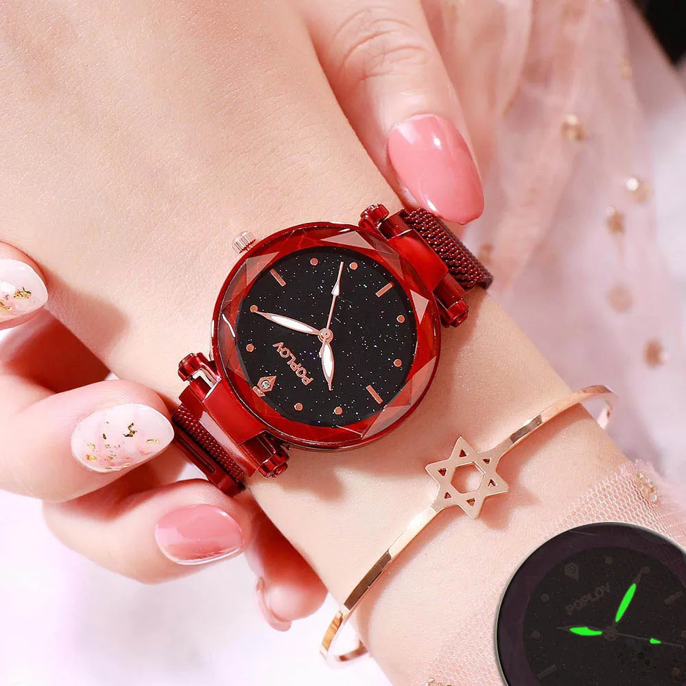 Звездное небо женские кварцевые часы 2019 светящаяся огранка камня цветок