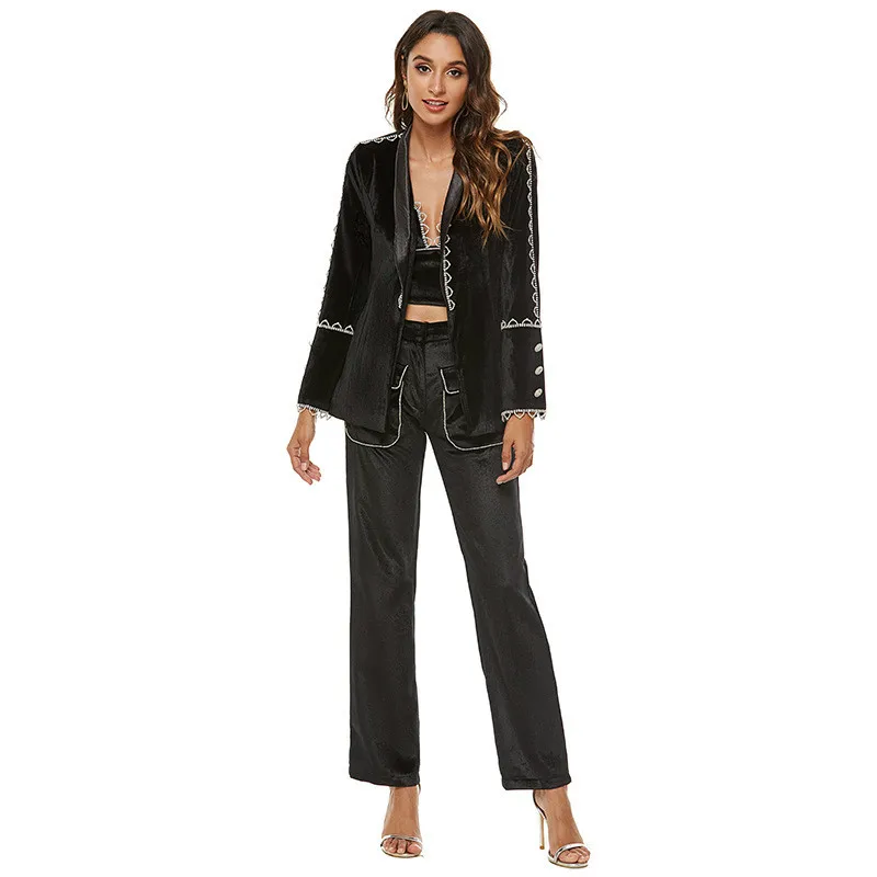 

Korean Version of The New Small Fragrance Beaded Velvet Suit Jacket Suspenders Top Three-piece Straight Pants Clothes for Women