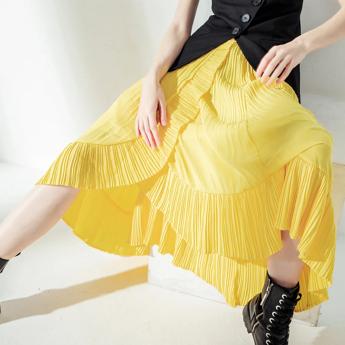 

Женская длинная юбка с оборками, дизайнерская однотонная плиссированная юбка ярких цветов с высокой талией, одежда для вечеринки