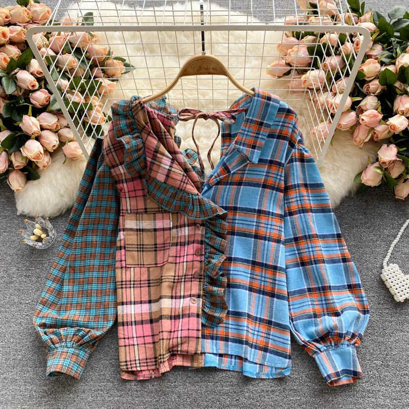 

Осенняя одежда из Южной Кореи Dongdaemun, новинка 2021, женская рубашка, дизайнерская нишевая цветная контрастная строчка, клетчатый Топ, тренд