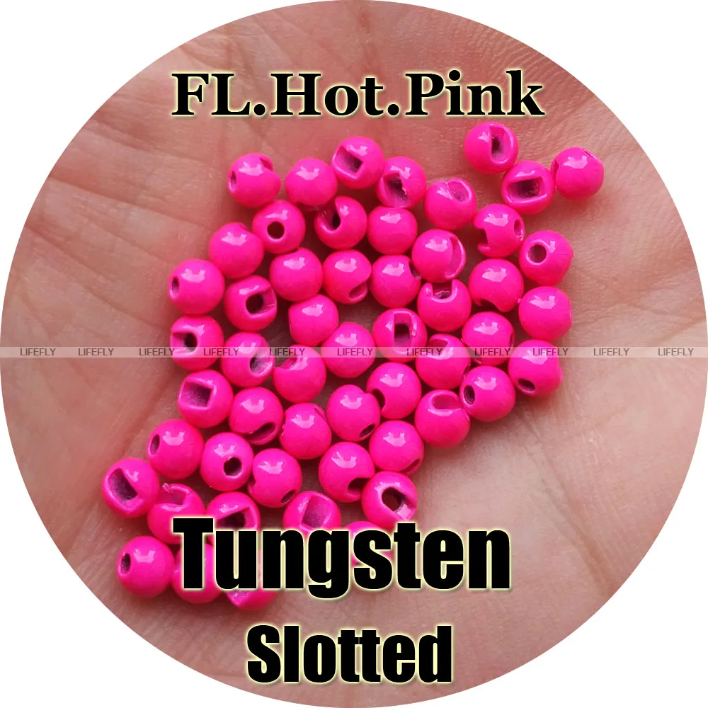 Color rosa fluorescente, 100 cuentas de tungsteno, ranurado, atado de moscas, pesca con mosca