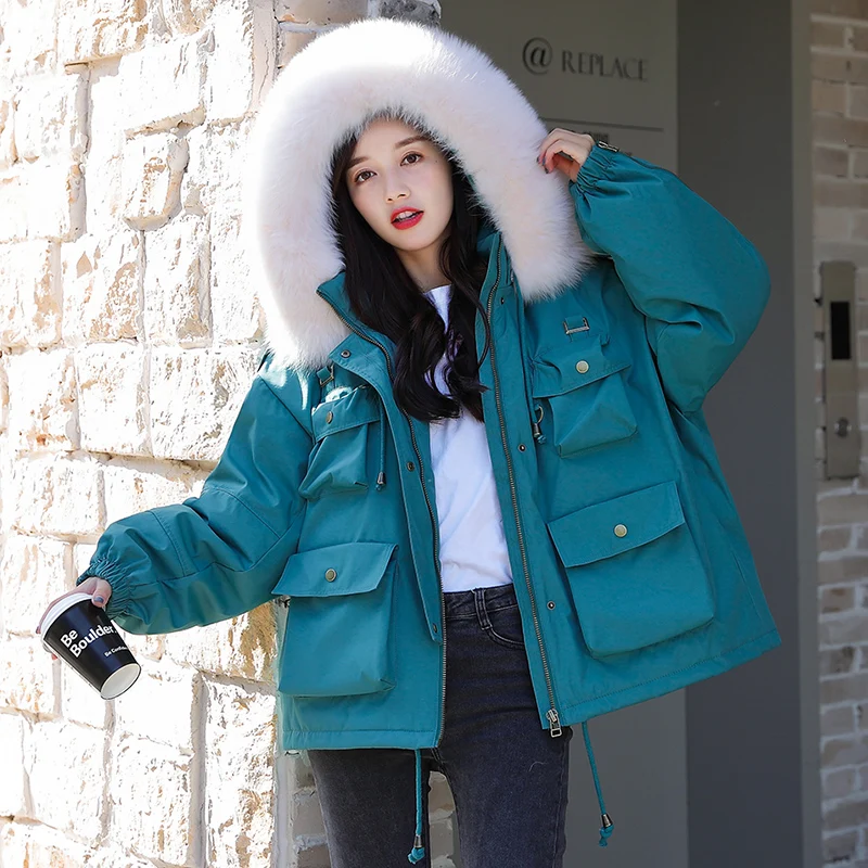 

FMFSSOM 2020 Huge Real Raccoon Fur Hooded Jacket Women 90% White Duck Down Parka New Winter Down Coat Down Thick Warm Outerwear