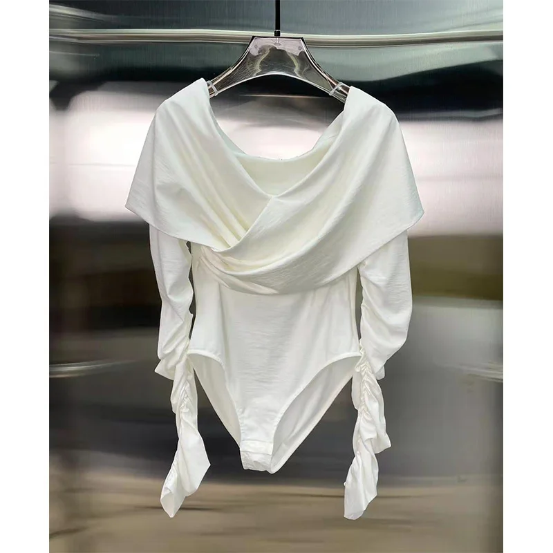 

21Autumn Runway Women Draped Elastic Off-shoulder Bodysuits Sexy Exposed Collarbone Bodycon Long Sleeve Slash Neck Bottoming Top