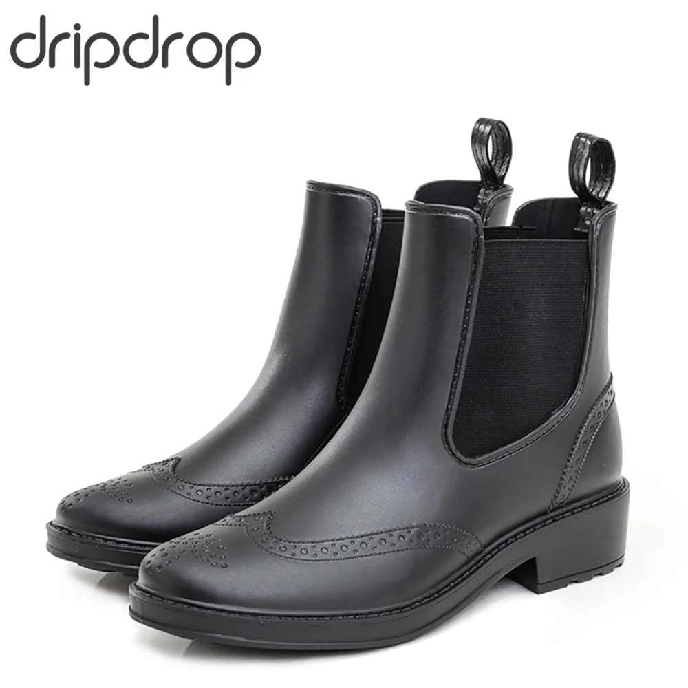 DRIPDROP Резиновые сапоги из ПВХ Водонепроницаемые для Женщин Ботильоны с боковой эластичной резинкой Однотонные Английская мода