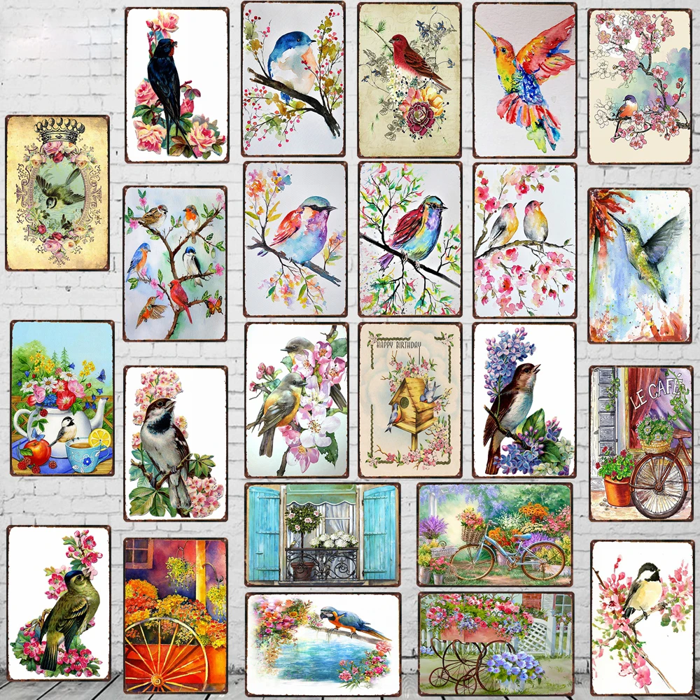 Акварель сад красота цветок птица цветочный металлический знак ретро настенное