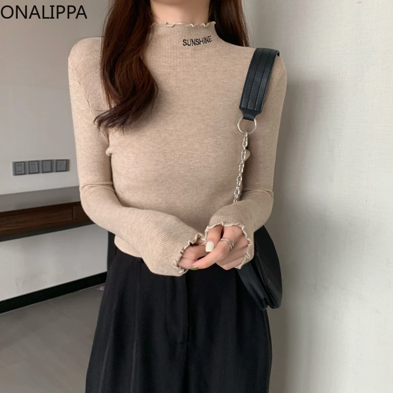 

Женский пуловер Onalippa, сезон ранняя зима 2021, тонкая приталенная рубашка с вышивкой в виде деревянных ушей и длинными рукавами, с воротником-с...