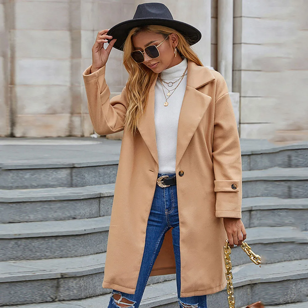 

Overcoat Women Autumn Winter 2021 New Loose Button Long Sleeve Solid Color Casual Vintage Fashion Woolen Jacket Female Warm Coat